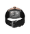 Rückseite der Herrenarmbanduhr mit Gehäuseboden und schwarzem Silikonarmband.