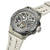 Herrenuhr mit Skelett-Zifferblatt, grauem Gehäuse und hellem Silikonarmband