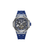 Herrenuhr mit blauem Silikonarmband und silbernem Gehäuse, mit Sichtfenster ins Automatikwerk