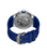 Herrenuhr Rückseite mit sichtbarem Mechanikboden und blauem Silikonarmband