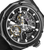 Herrenuhr Nahaufnahme: schwarzes Zifferblatt mit Indexen, sichtbarem Automatikwerk