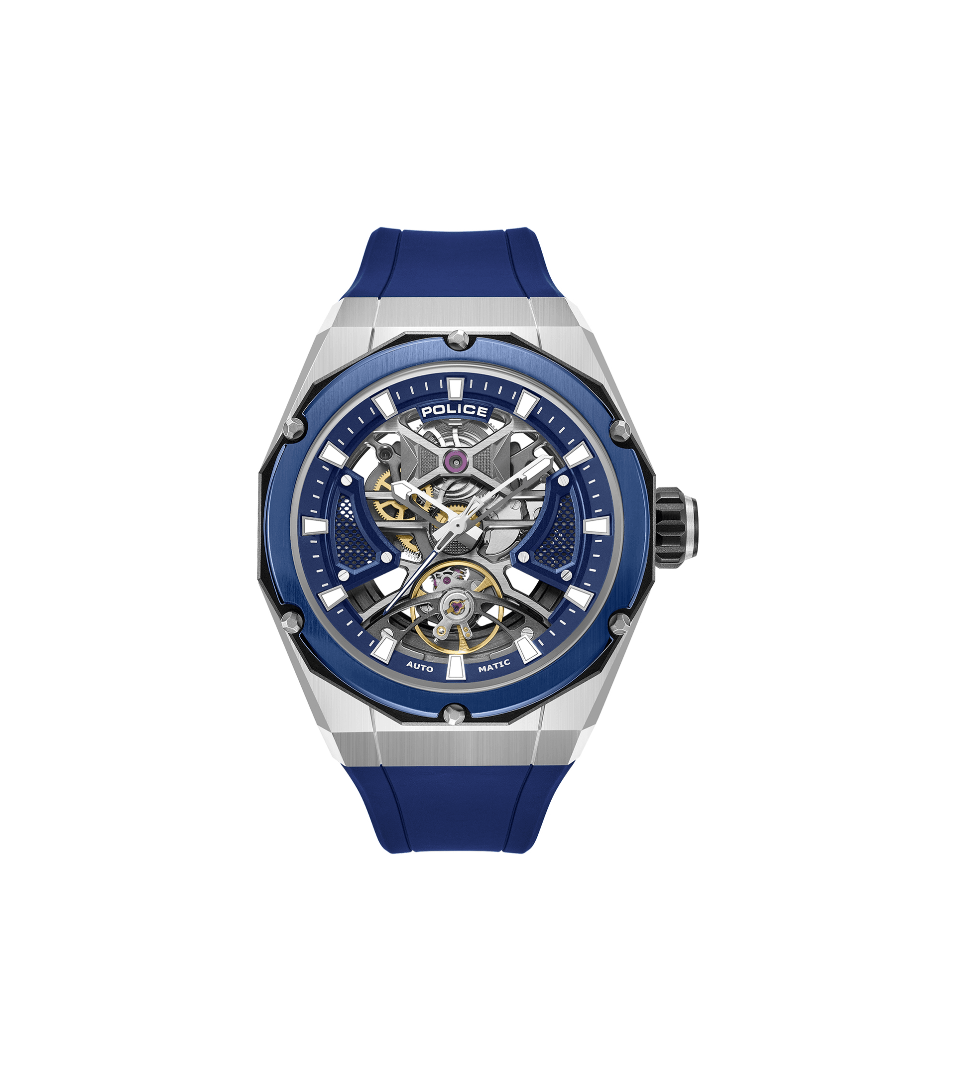 Automatik-Herrenuhr mit blauem Silikonband, blauem Sichtboden-Zifferblatt und silbernem Gehäuse