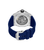 Herrenuhr von hinten: silbernes Gehäuse mit sichtbarer Mechanik und blaues Silikonarmband