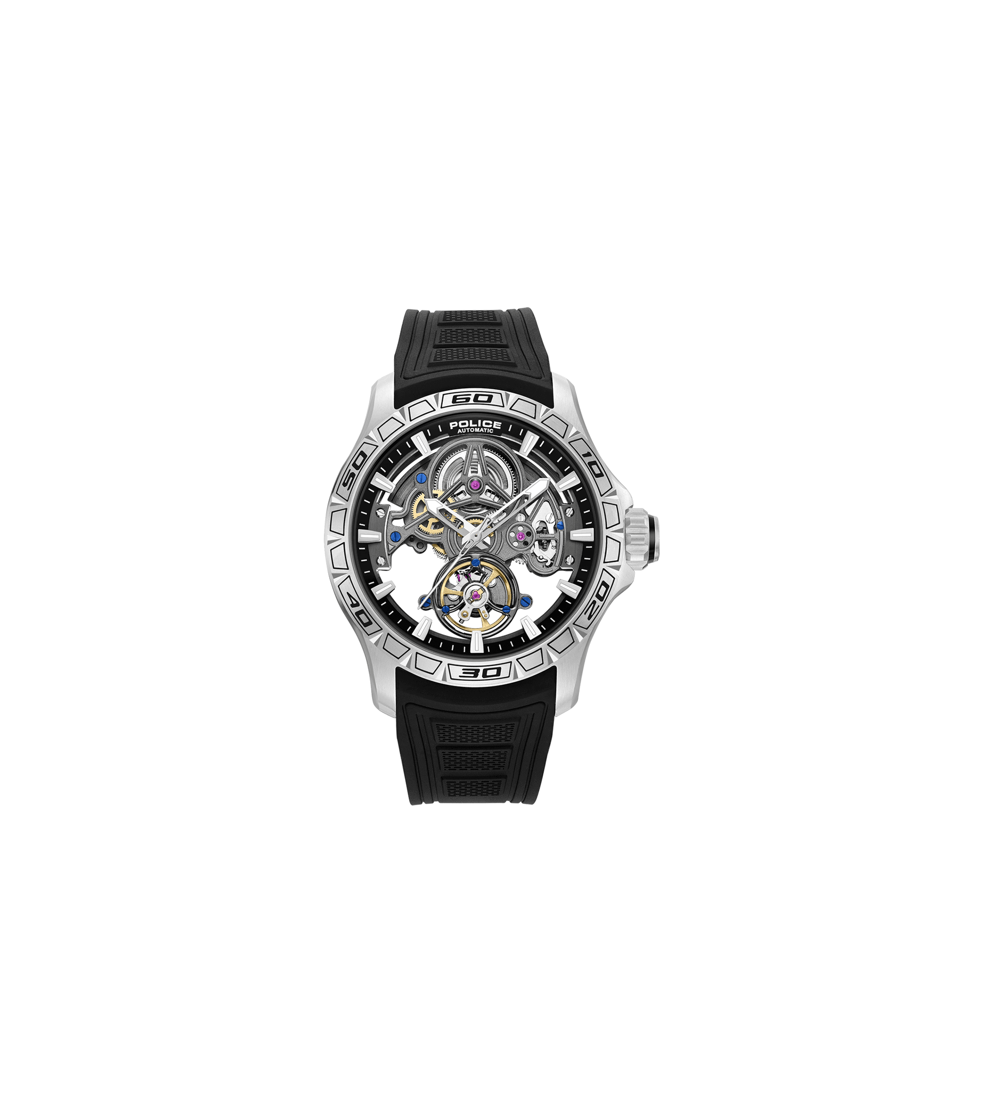 Police Spirit Automatik-Herrenuhr, Skelettzifferblatt, schwarzes Kautschukband