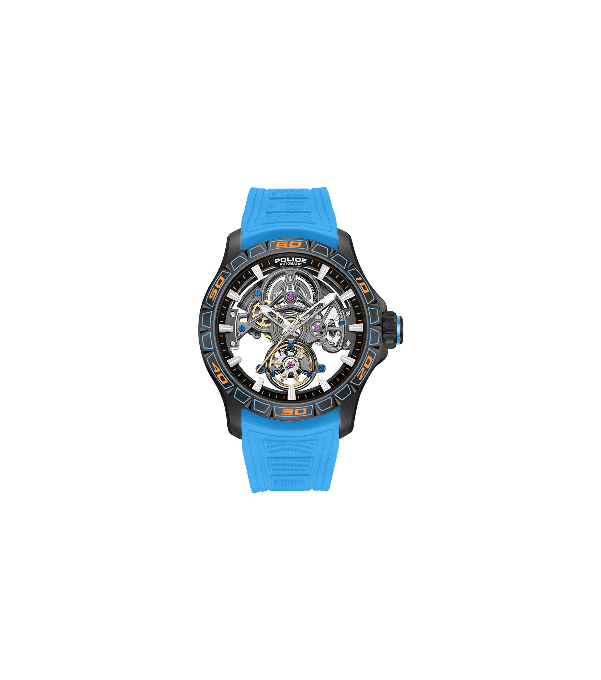 Herrenuhr mit blauem Silikonarmband und skelettiertem Automatik-Zifferblatt