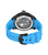 Herrenuhr Rückseite mit blauem Silikonarmband und sichtbarer Mechanik