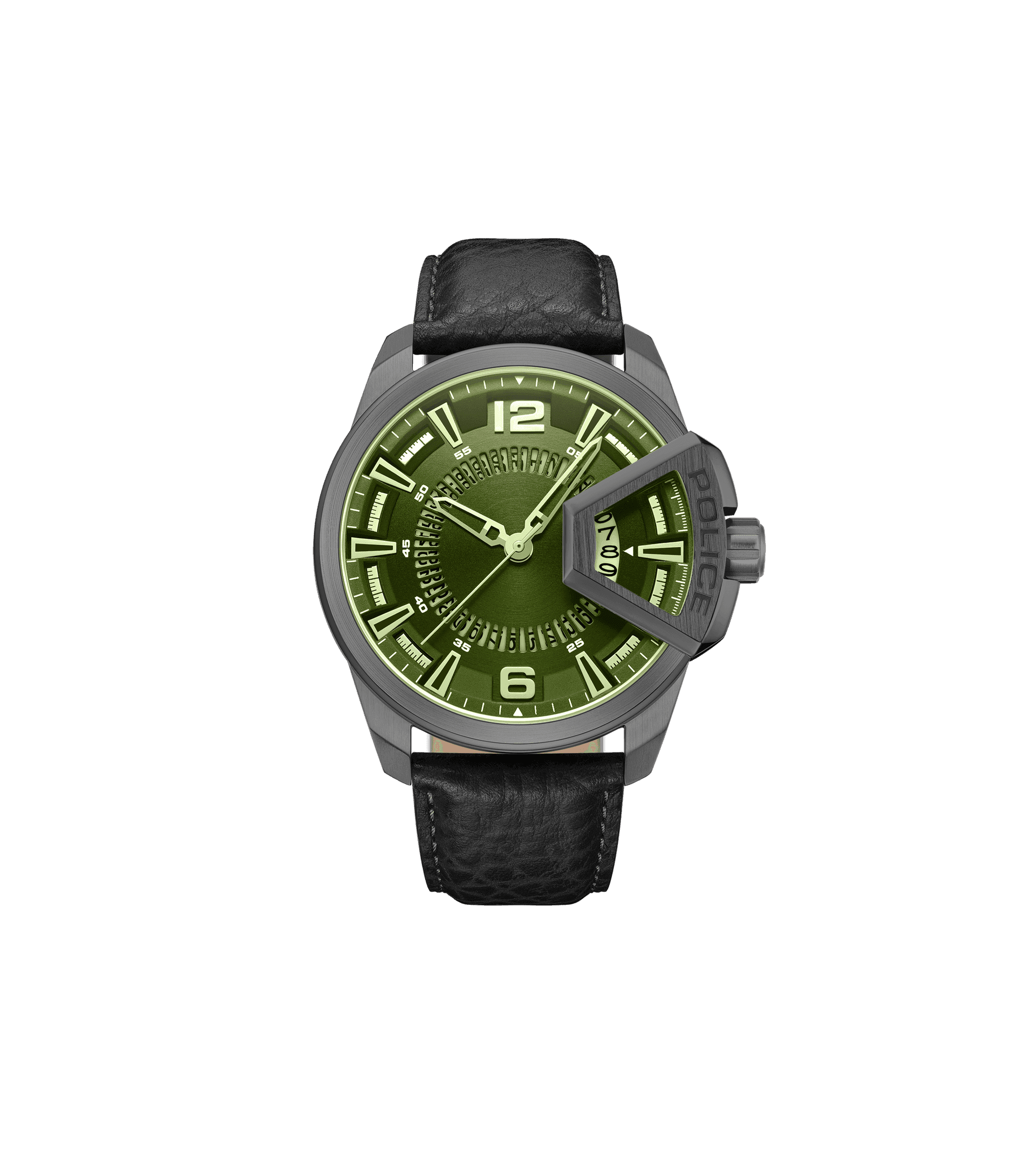 Herrenuhr mit schwarzem Lederarmband, grünem Zifferblatt und Datumsanzeige
