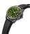 Herrenuhr seitlich: schwarzes Lederarmband, grünes Zifferblatt, markante Krone