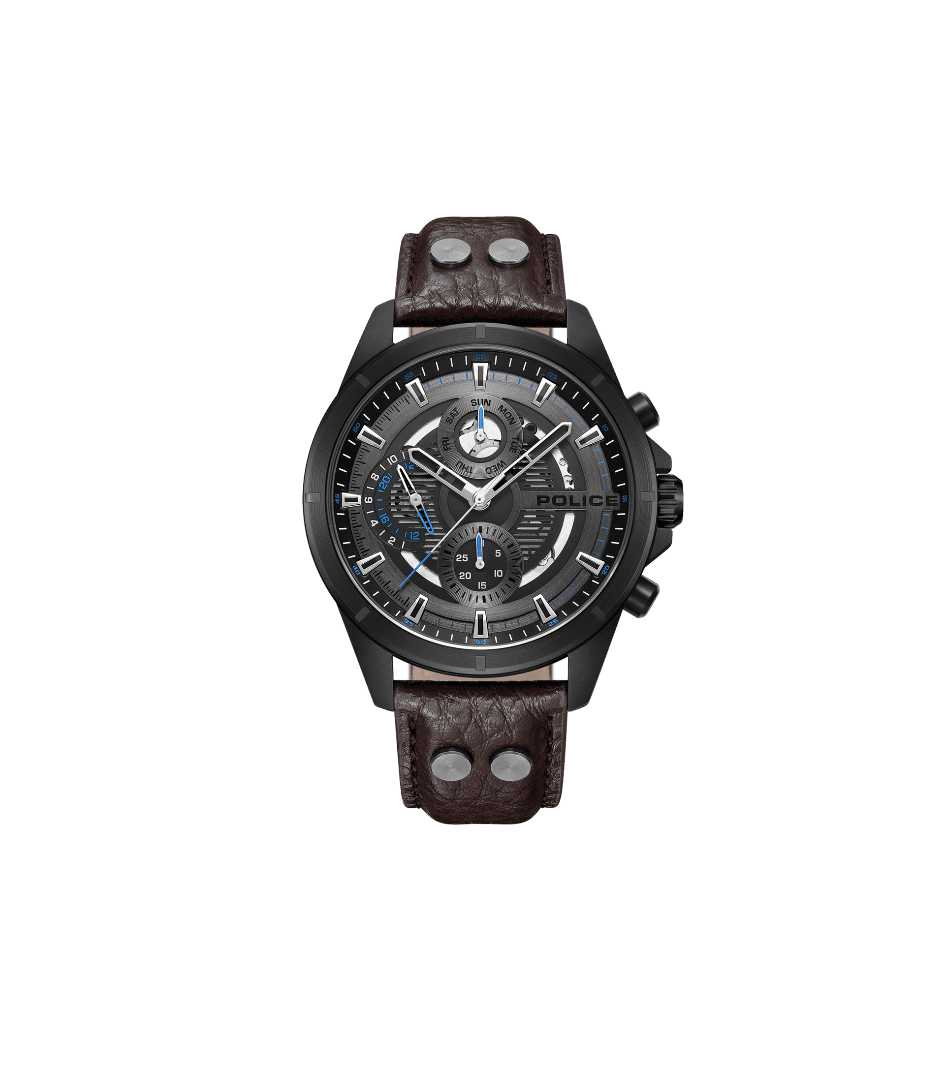 Herrenarmbanduhr mit braunem Lederarmband und schwarzem Gehäuse, Multifunktionszifferblatt