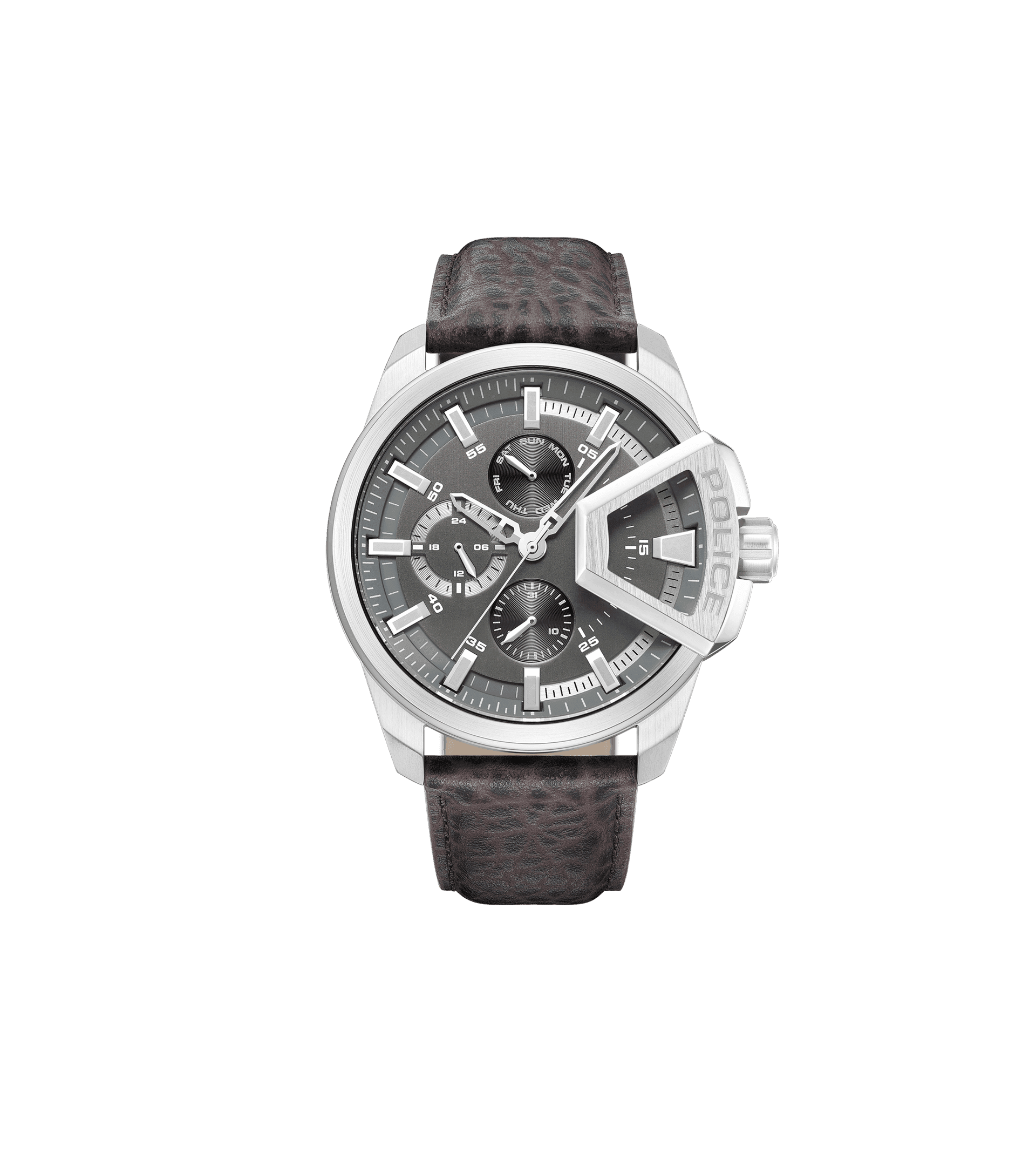 Police Herrenuhr: Edelstahlgehäuse, braunes Lederarmband, schwarzes Chronograph-Zifferblatt