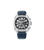 Herrenuhr: blaues Lederarmband, silbernes Gehäuse, dunkles Zifferblatt mit Zählern