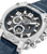 Herrenuhr mit blauem Lederband, silbernes Gehäuse, Zifferblatt „Dual Time“
