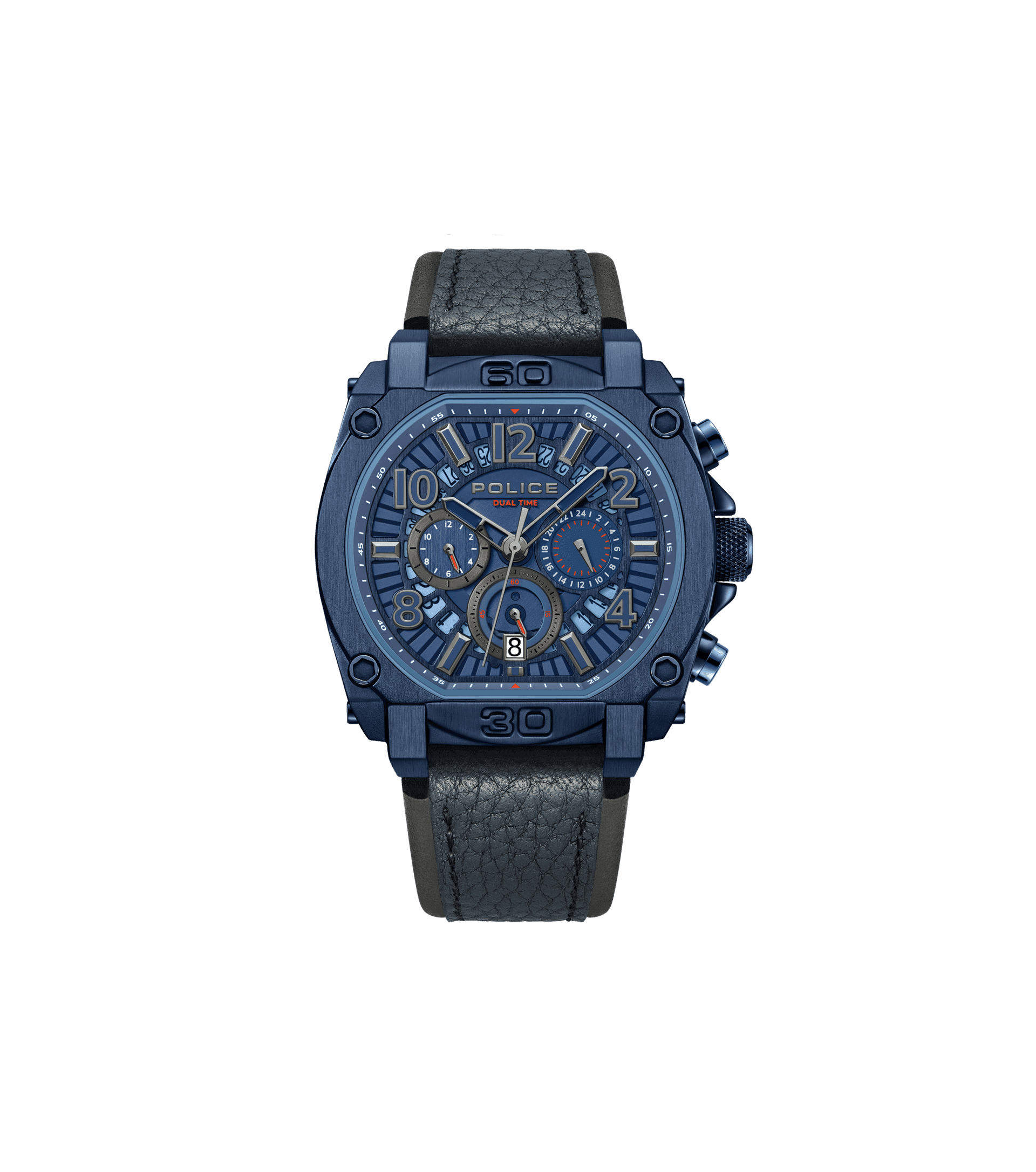 Police Herrenuhr mit blauem Lederarmband, rundem Gehäuse und Kronen