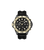 Herrenuhr mit schwarzem Lederarmband und schwarzem Zifferblatt, goldfarbene Lünette