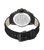 Herrenuhr-Rückseite mit schwarzem Lederarmband und eingraviertem Logo am Gehäuseboden