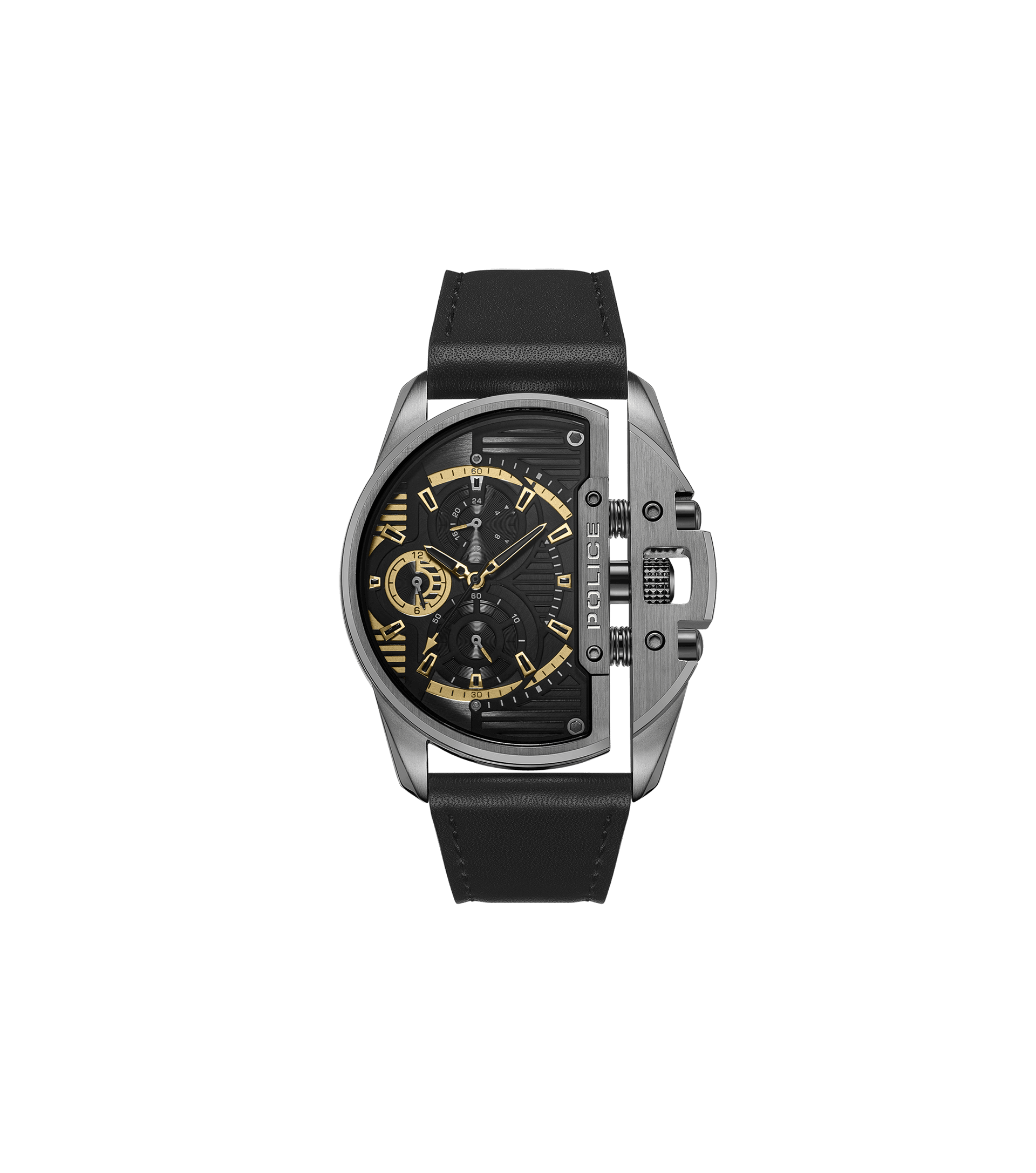 Police Herrenuhr mit schwarzem Lederarmband und Chronograph-Zifferblatt mit gelben Akzenten