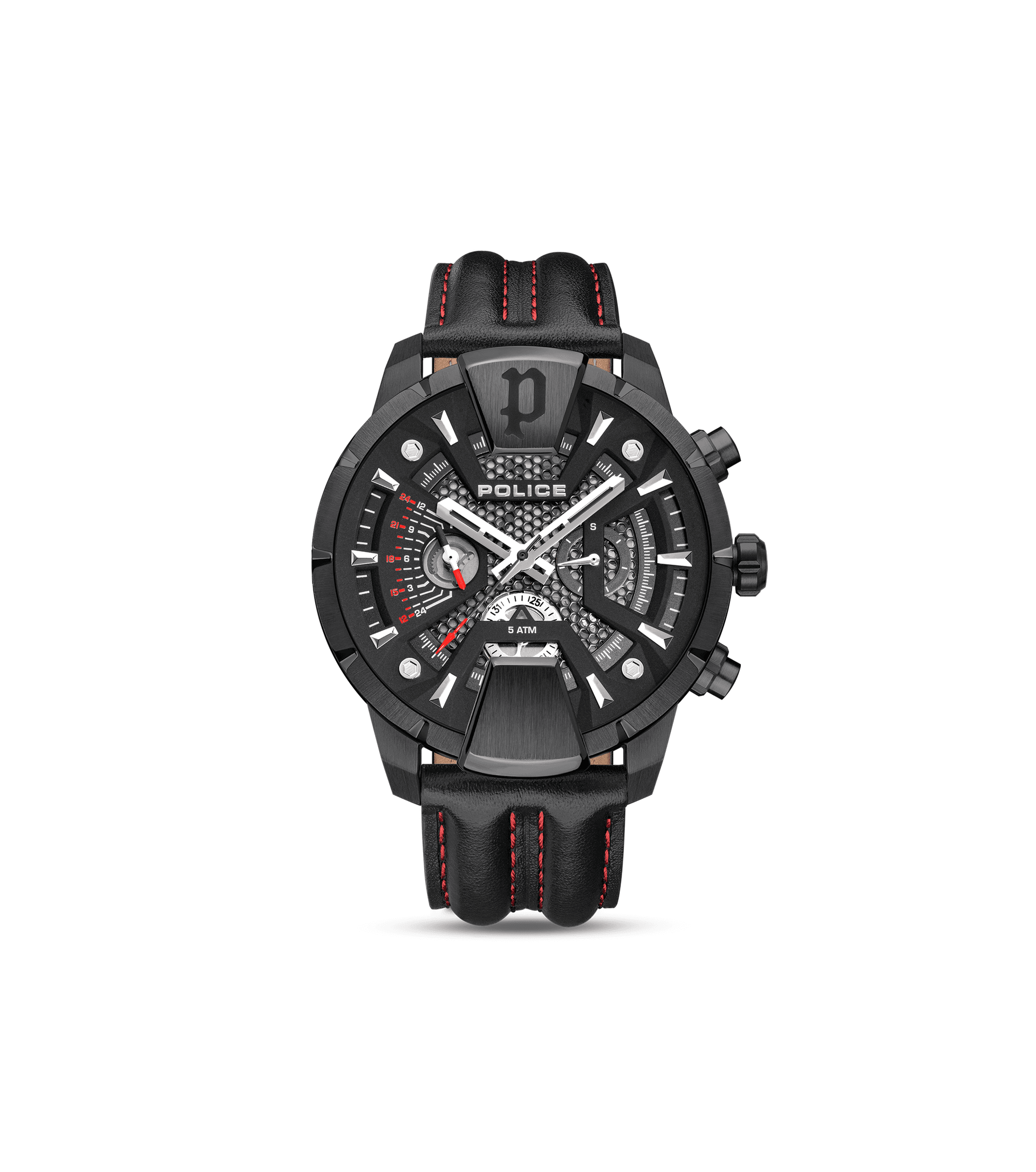 Police Multifunktions-Herrenuhr mit schwarzem Zifferblatt und Lederarmband, rot genäht