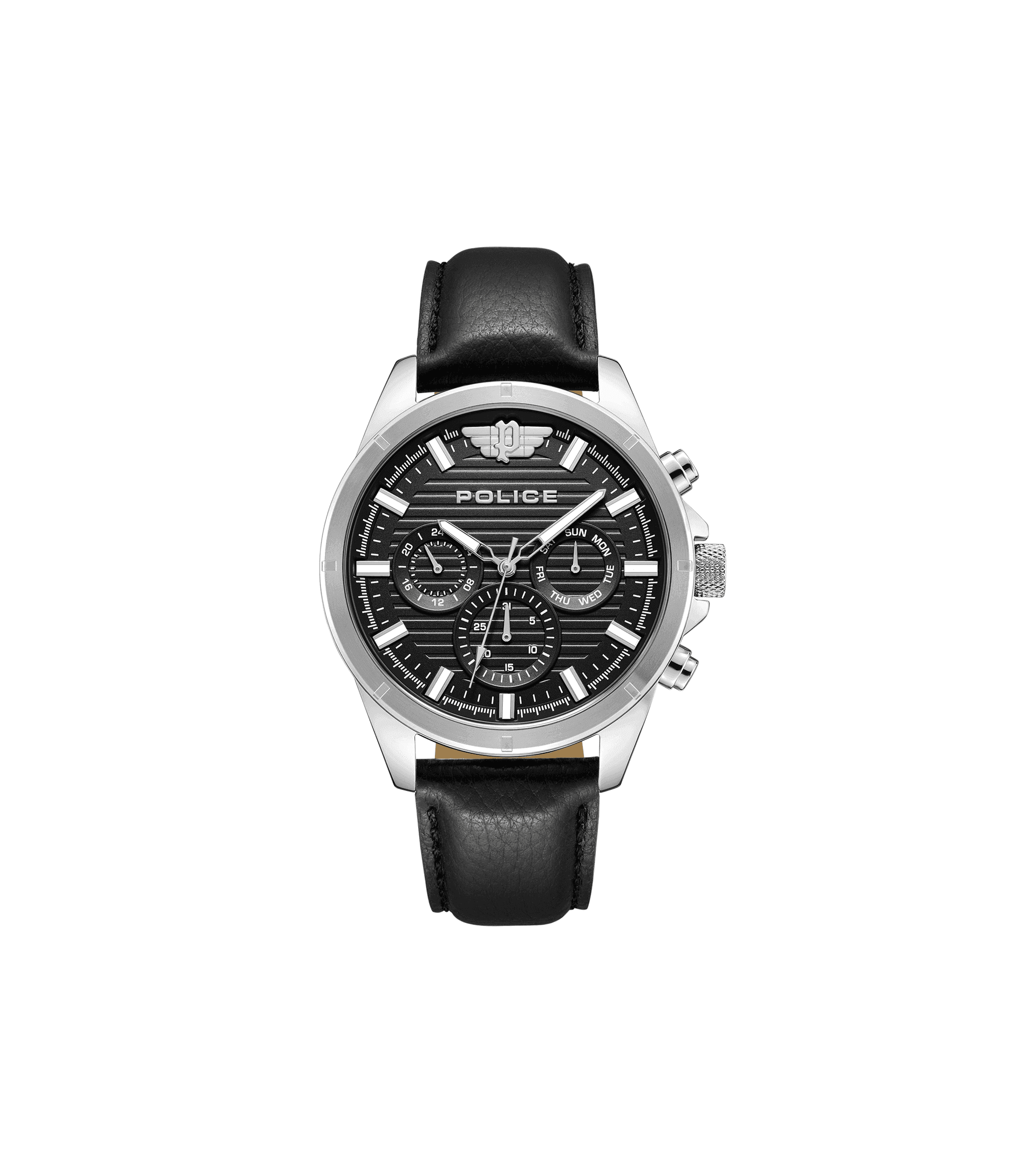 Herrenuhr mit schwarzem Zifferblatt, Edelstahlgehäuse und schwarzem Lederarmband, POLICE