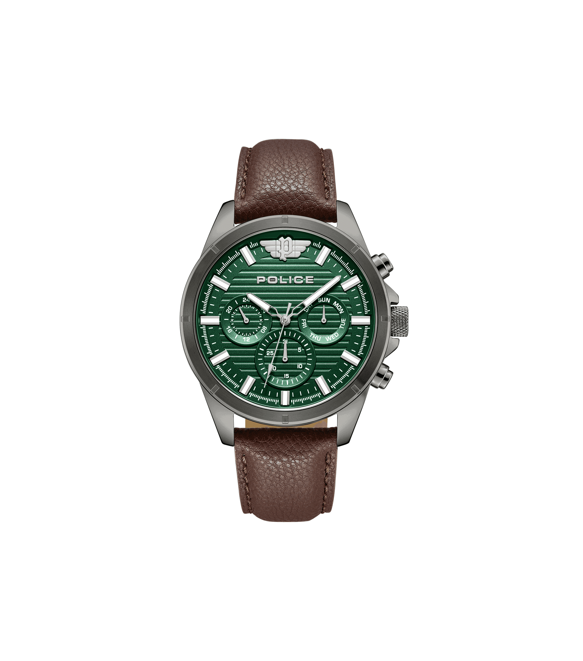 Herrenarmbanduhr mit grünem Zifferblatt und braunem Lederarmband, Chrono-Subdials
