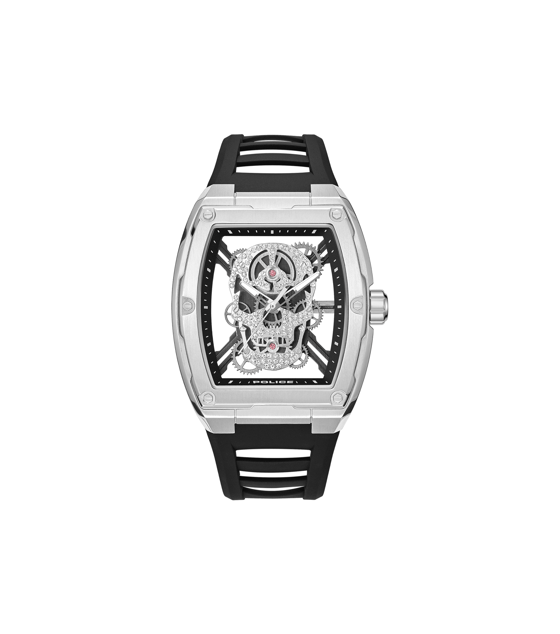 Herren Uhr mit schwarzem Silikonband und silbernem Tonneau-Gehäuse, skelettiertes Zifferblatt
