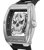 Detail Herren Uhr mit silbernem Tonneau-Gehäuse, schwarzer Umrandung und sichtbarem Skelettwerk