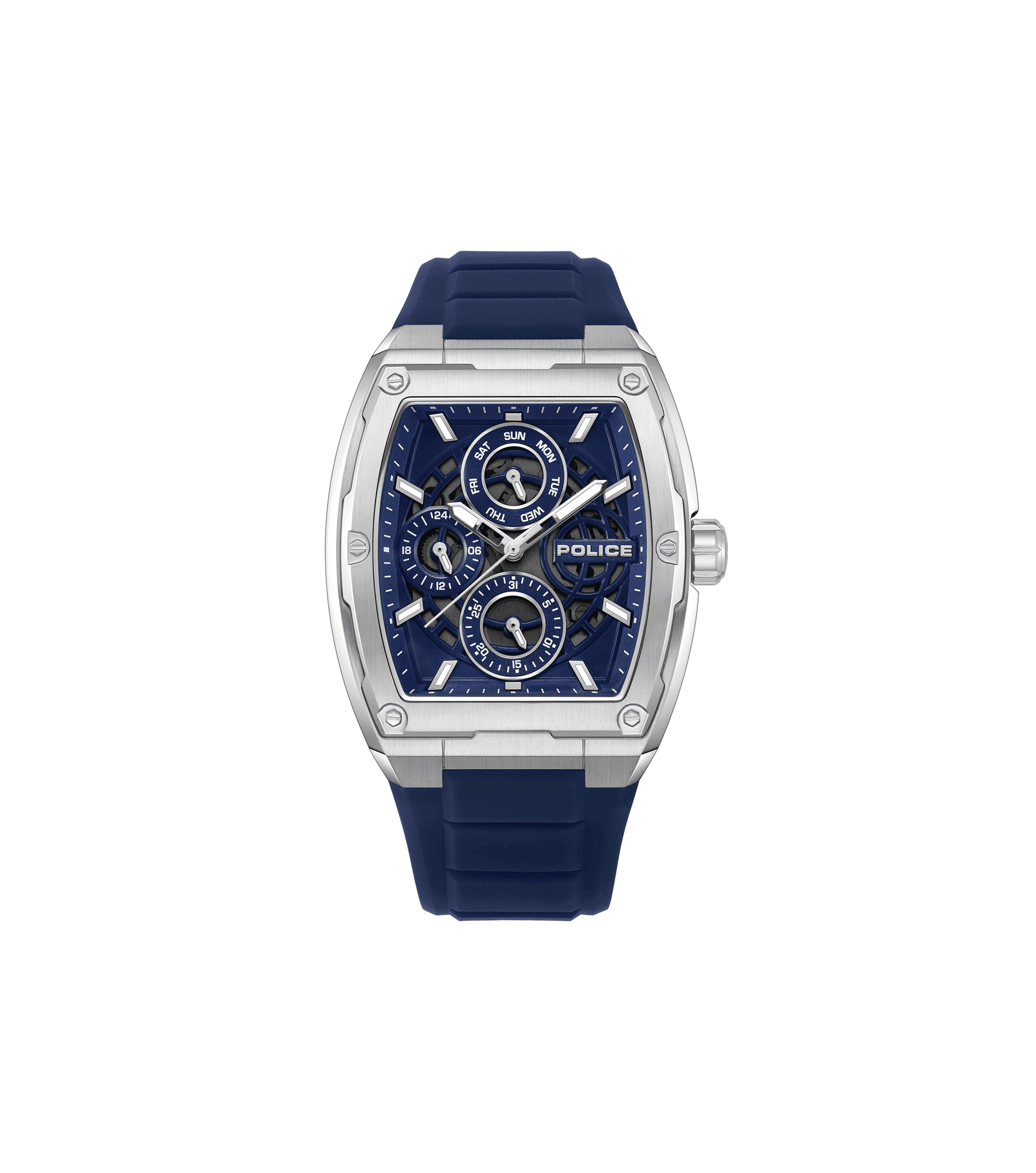 Herren-Multifunktionsuhr mit blauem Silikonarmband und Edelstahlgehäuse, Zifferblatt mit Chrono-Details