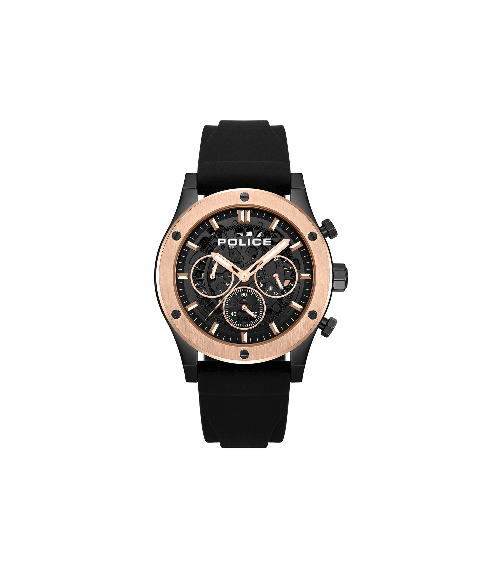 Herrenuhr mit schwarzem Silikonarmband, roségoldener Lünette und schwarzem Chronodial