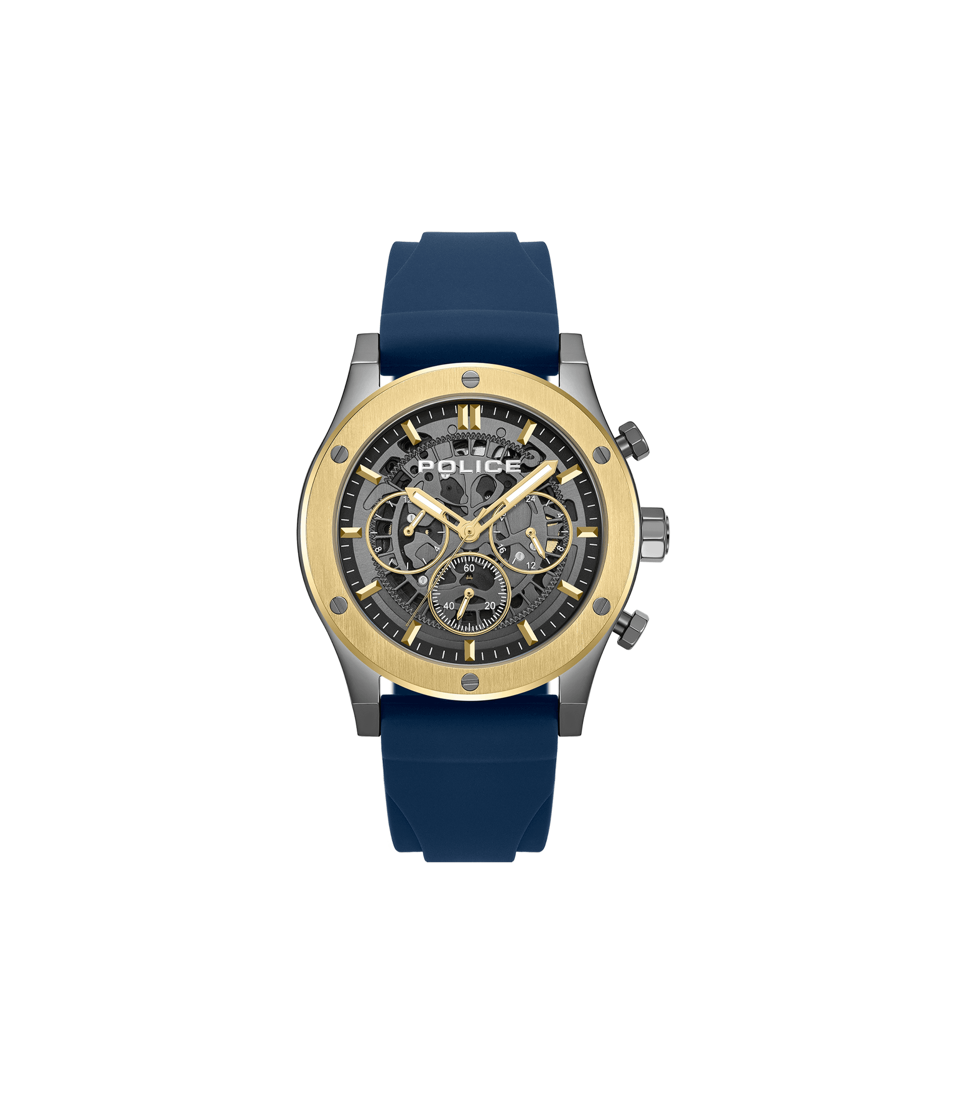 Herrenuhr mit blauem Silikonband, goldfarbenem Gehäuse und Chronographen-Dial mit Ziffern