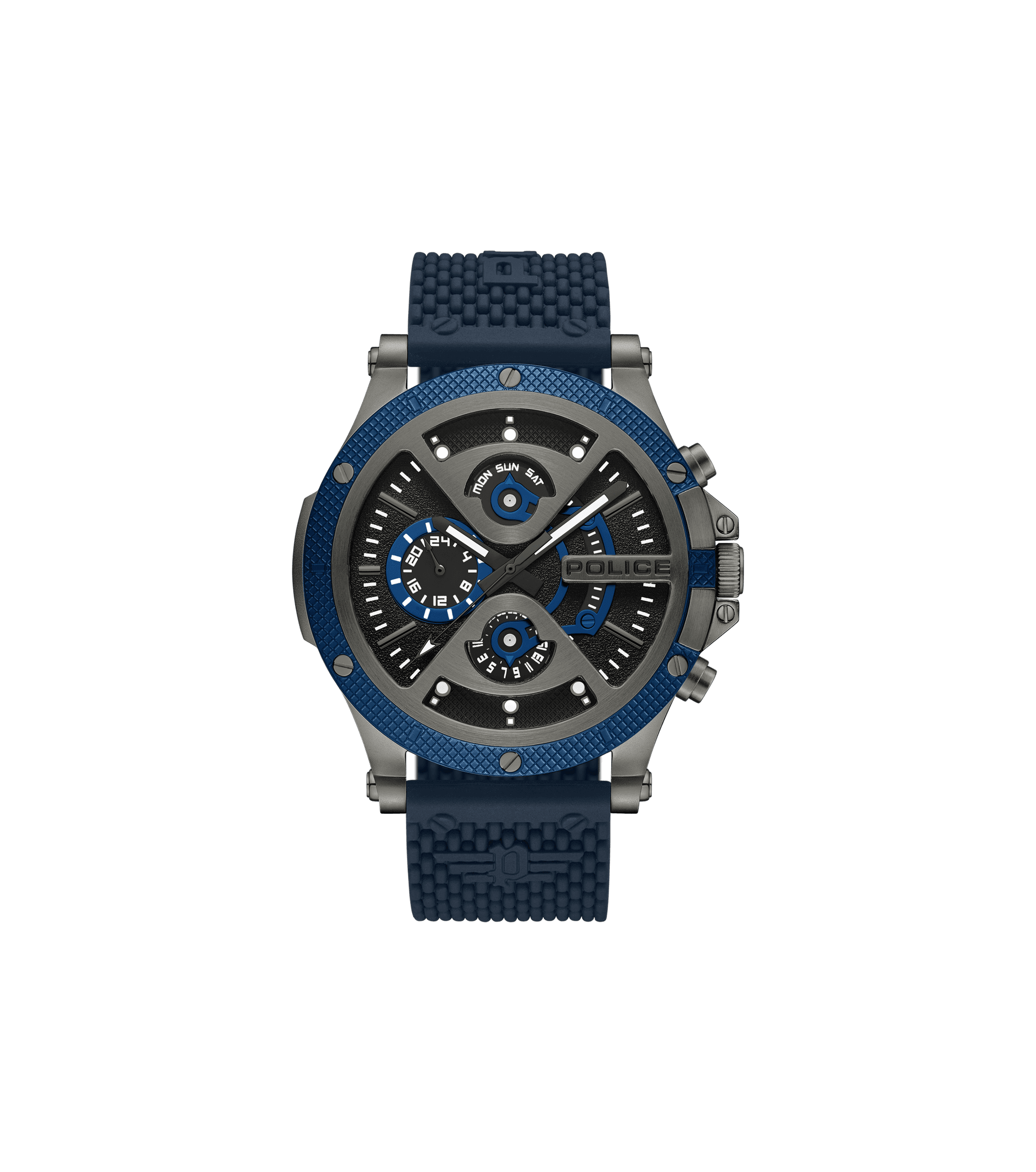 Multifunktions-Herrenuhr mit blauem Armband und schwarzem Zifferblatt, analog