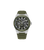 Herrenarmbanduhr mit dunklem Zifferblatt, silberner Lünette und Oliv-Gummiband