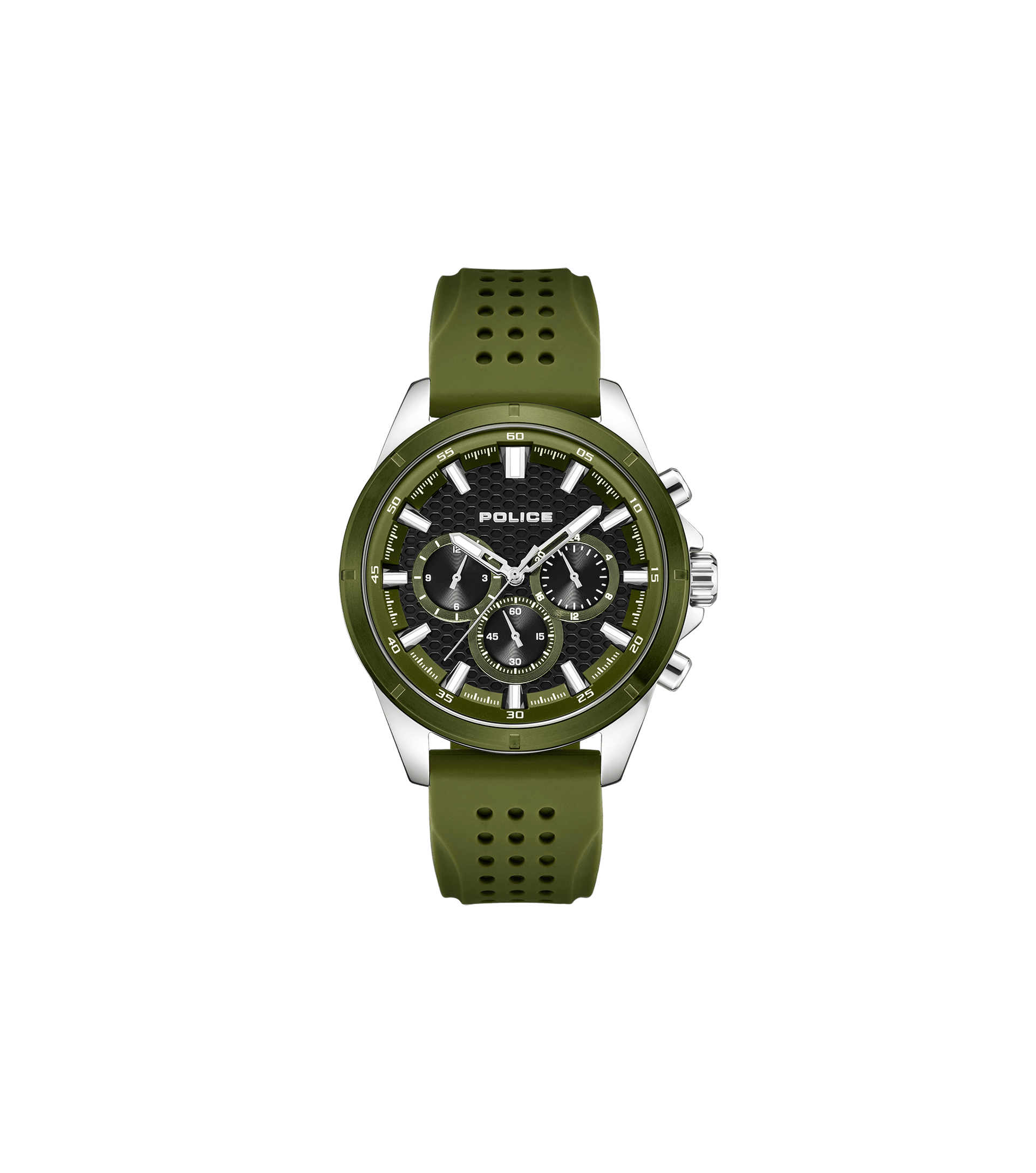 Olivfarbene Herrenuhr mit Multifunktions-Chronograph, grüner Zifferblatt und Silikonarmband