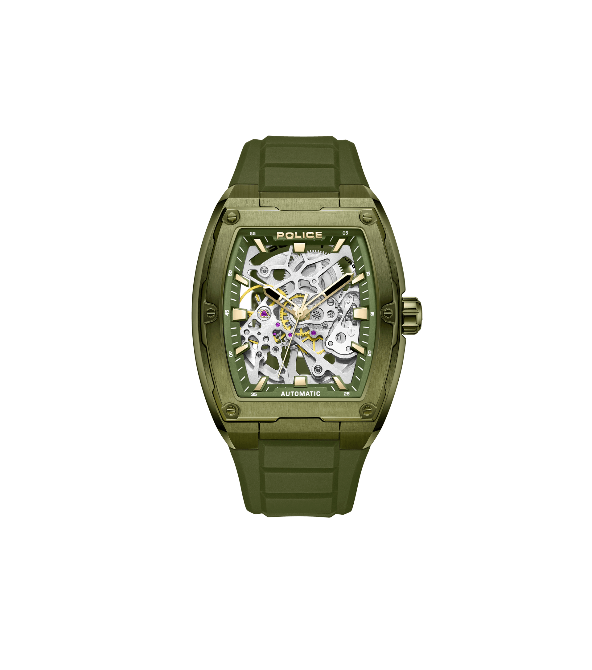 Grüne Herrenuhr mit skelettiertem Automatikzifferblatt und Kunststoffarmband