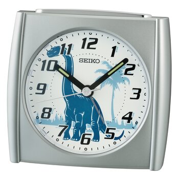 Seiko QHE212S Réveil de Table Argenté • Motif Dinosaure • Fonction Lumière