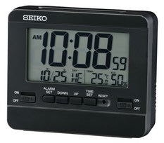 Seiko QHL086K Horloge Noire • Réveil LCD Double Alarme • Thermomètre & Hygromètre
