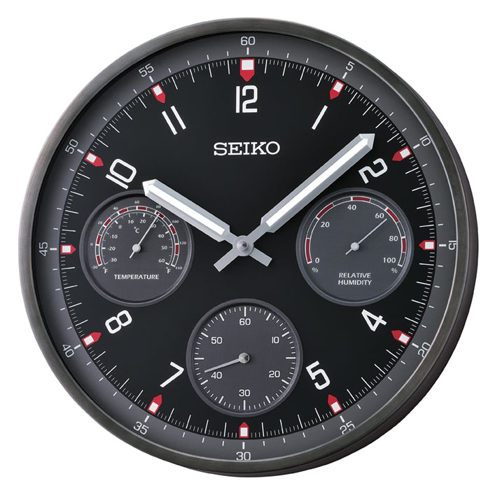 Seiko Shelby II QXA823K Horloge Murale Anthracite • Thermomètre & Hygromètre • Mouvement à Quartz Sweep