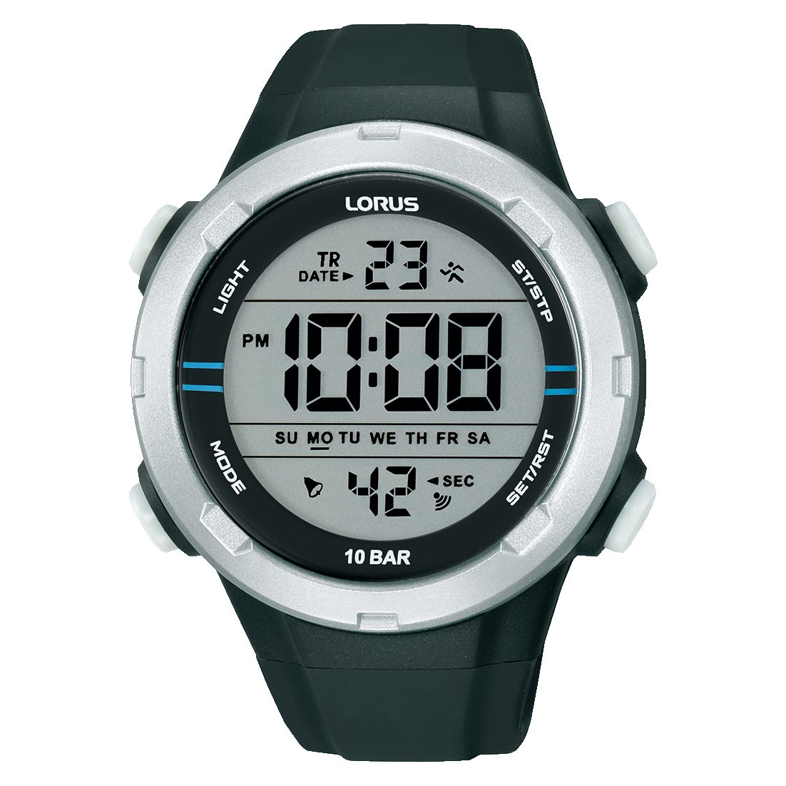 Lorus Sport-Digitaluhr mit schwarzem Armband, rundem silbernem Gehäuse und LCD
