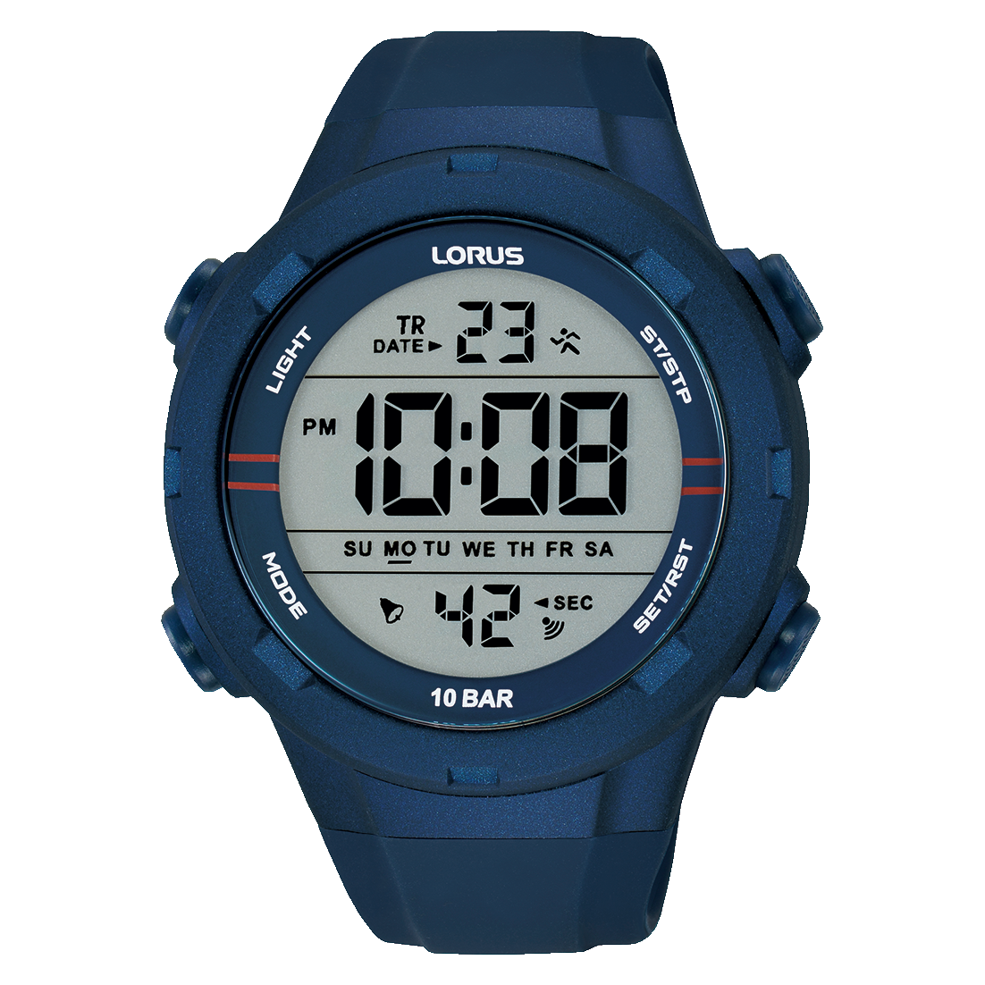 Dunkelblaue Lorus Sport-Digitaluhr mit rundem Display und 10 BAR auf der Lünette