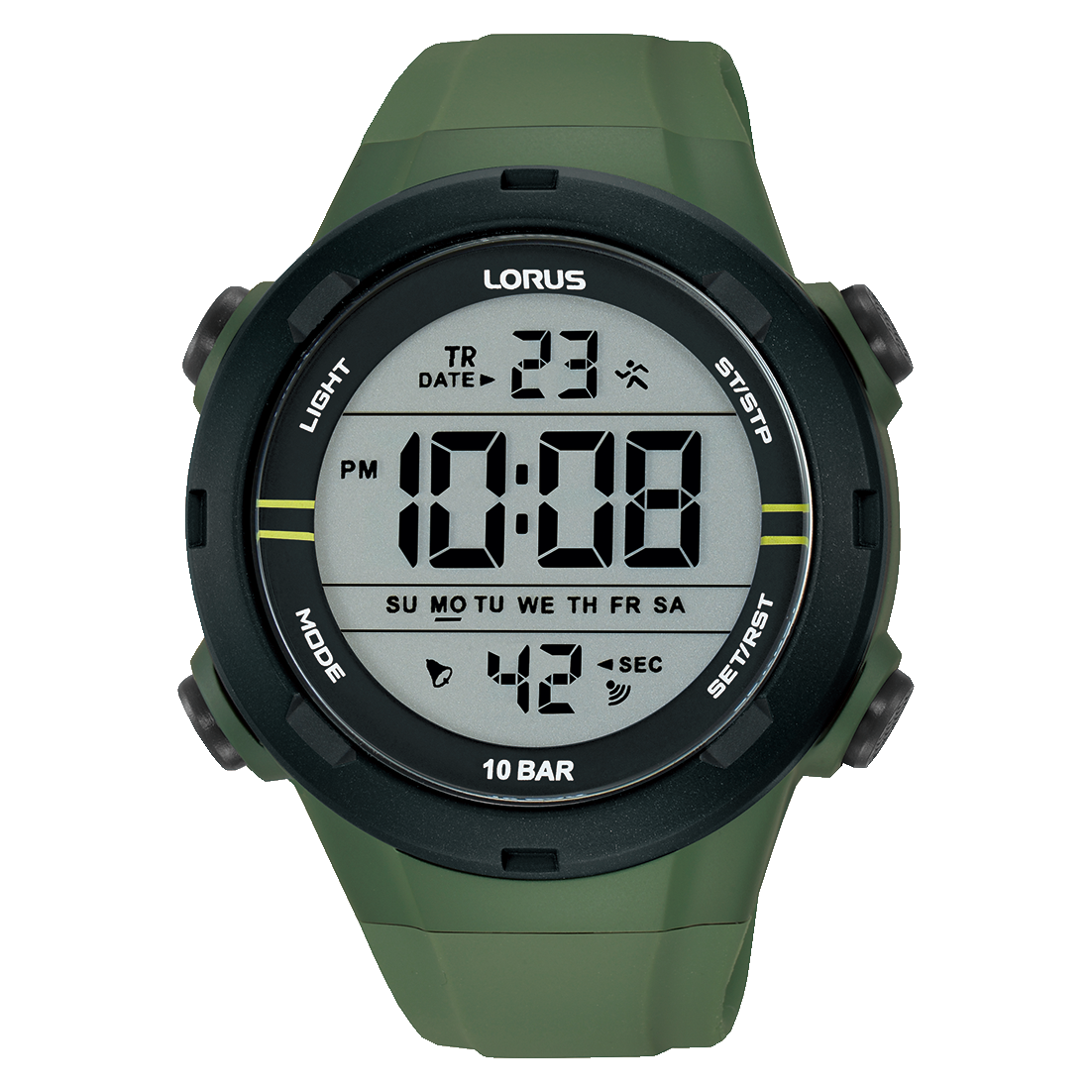 Lorus Herren-Sports-Digitaluhr: schwarzes Gehäuse, grünes Silikonarmband, 10-Bar-Display
