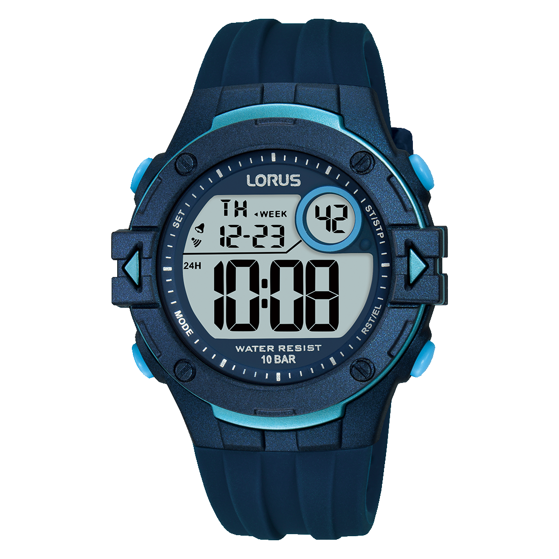 Lorus Herren-Digitaluhr mit rundem Display, dunkelblauem Armband und großer Zeitanzeige