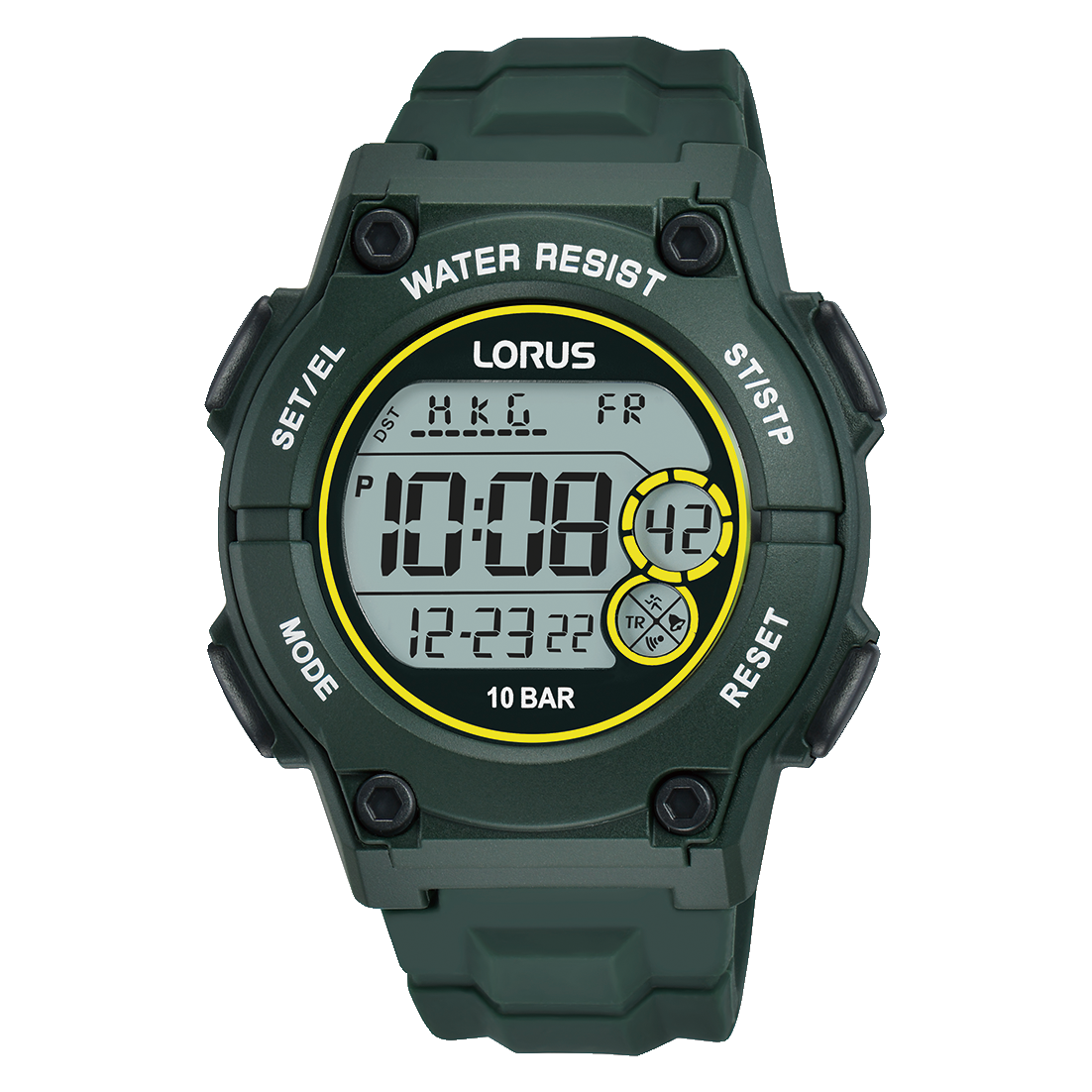 Lorus Herren-Digitaluhr mit grünem Armband, LCD-Display und 10 BAR Wasserschutz