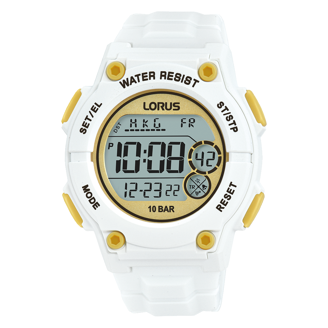 Digitale Herrenuhr, weißes Gehäuse, goldene Drücker, Display und „WATER RESIST 10 BAR“