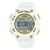 Digitale Herrenuhr, weißes Gehäuse, goldene Drücker, Display und „WATER RESIST 10 BAR“
