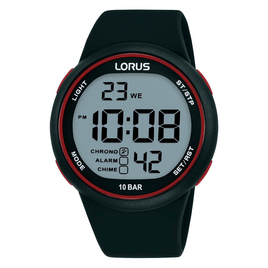 Lorus Digitaluhr für Herren mit schwarzem Silikonarmband und rotem Digital-Display, 10 BAR