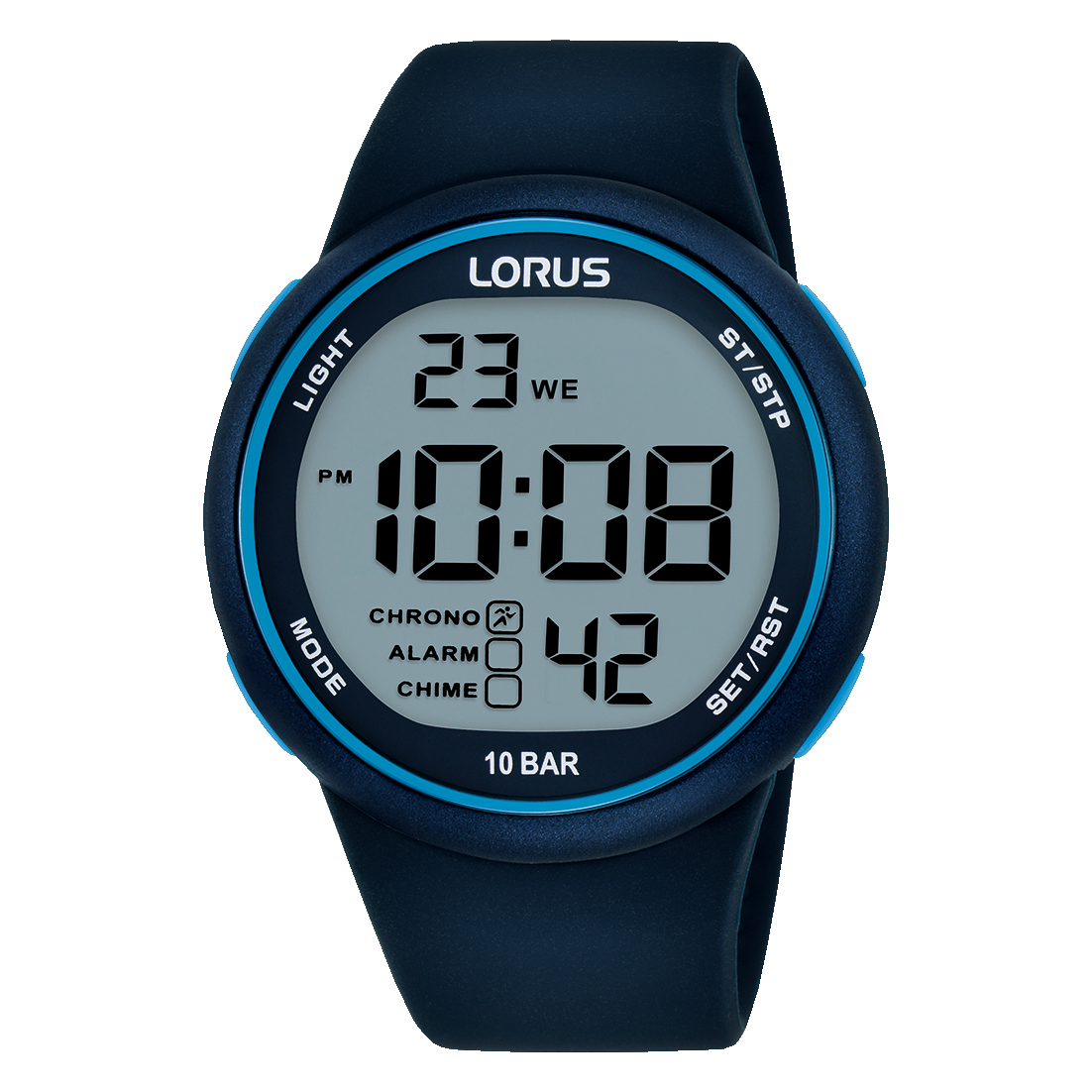 Lorus Sport-Armbanduhr mit schwarzem Silikonarmband, digitalem Display mit 10 BAR
