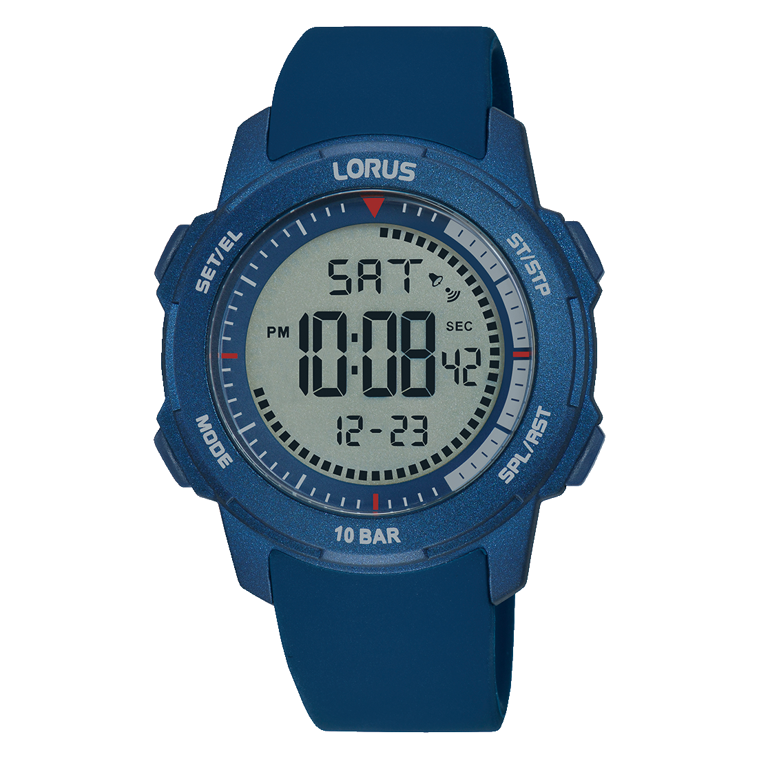 Lorus Herren-Digitaluhr mit blauem Gehäuse, digitalem Display und 10-BAR-Anzeige