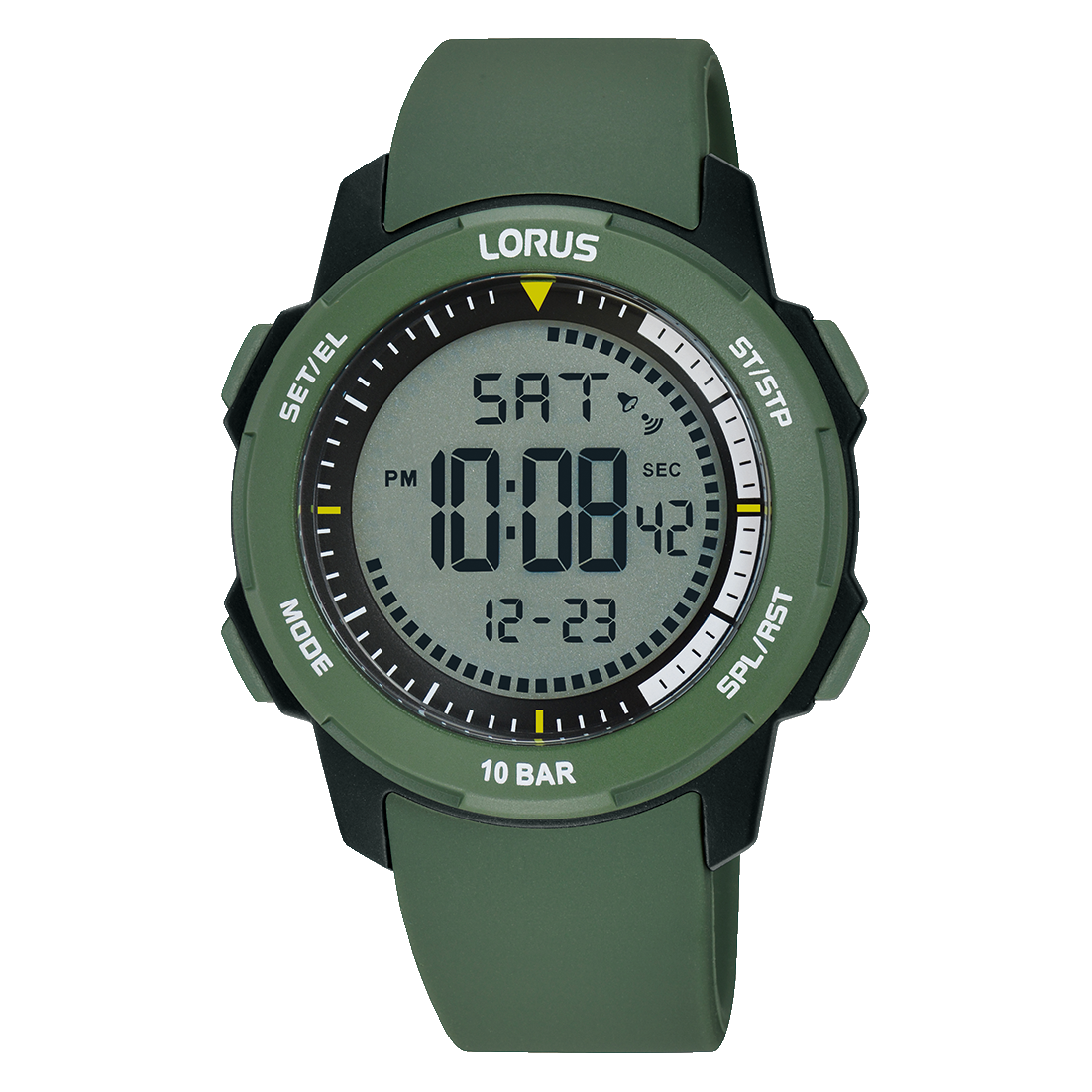Lorus Herren-Digitaluhr mit Chronograph, grünem Armband und 10-bar-Angabe