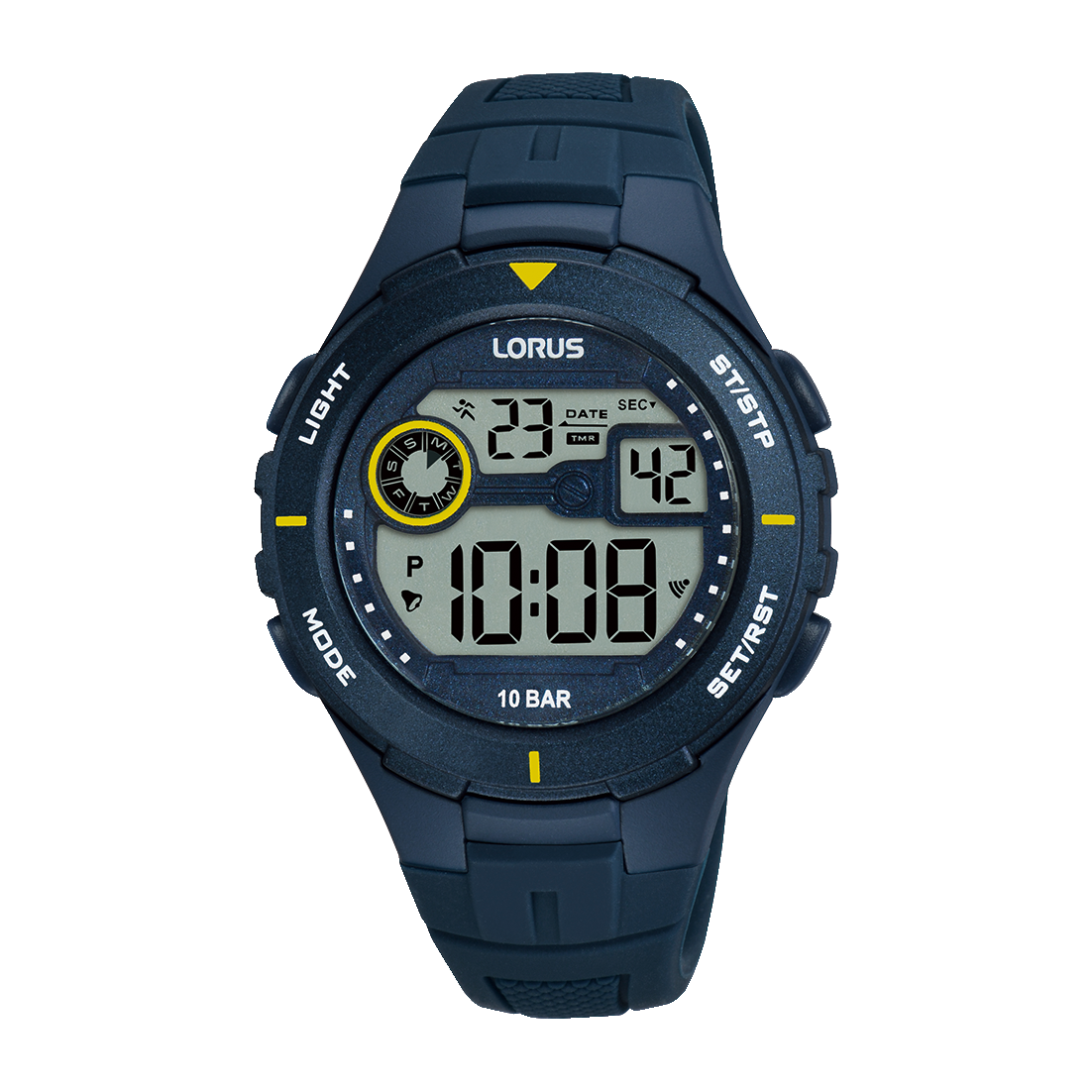 Lorus Young Herrenuhr mit digitaler Anzeige, dunkelblauem Armband, 10‑BAR wasserdicht