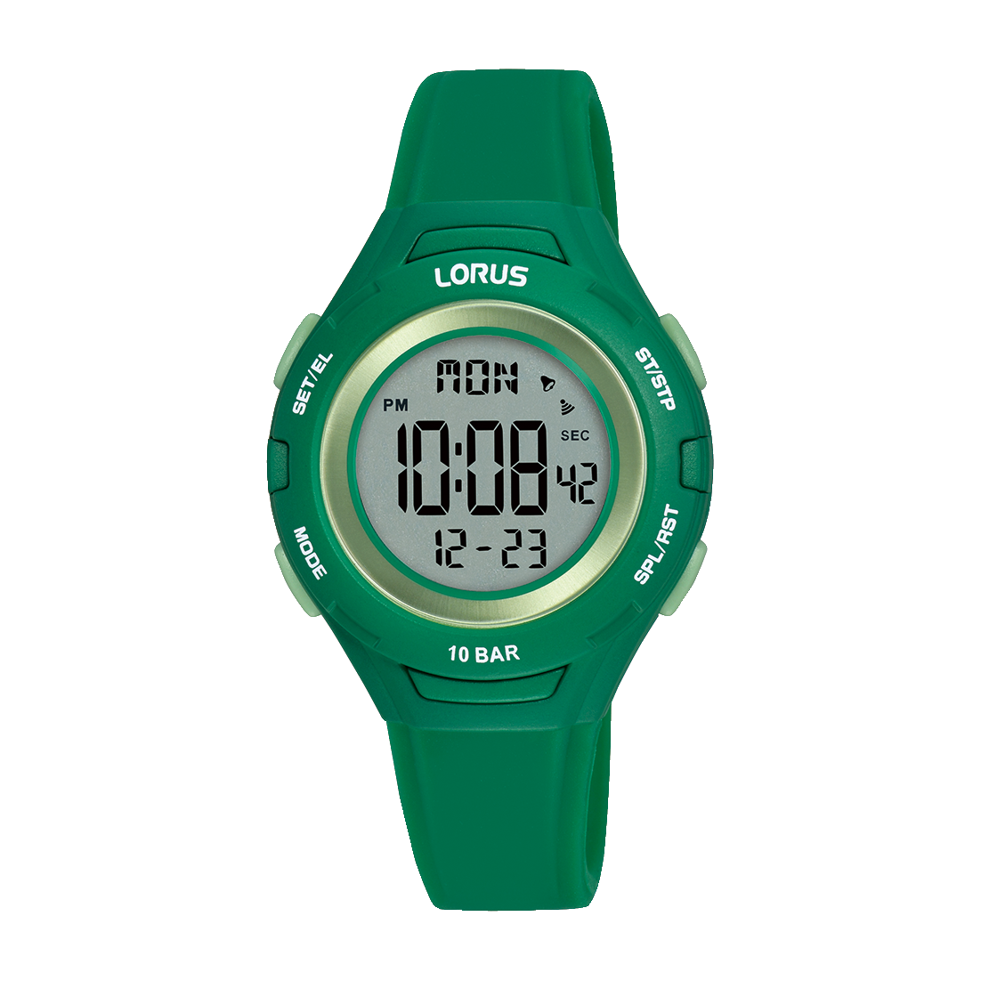 Lorus Kinder-Digitaluhr mit grünem Silikonarmband, rundem Display mit Chronograph & Timer