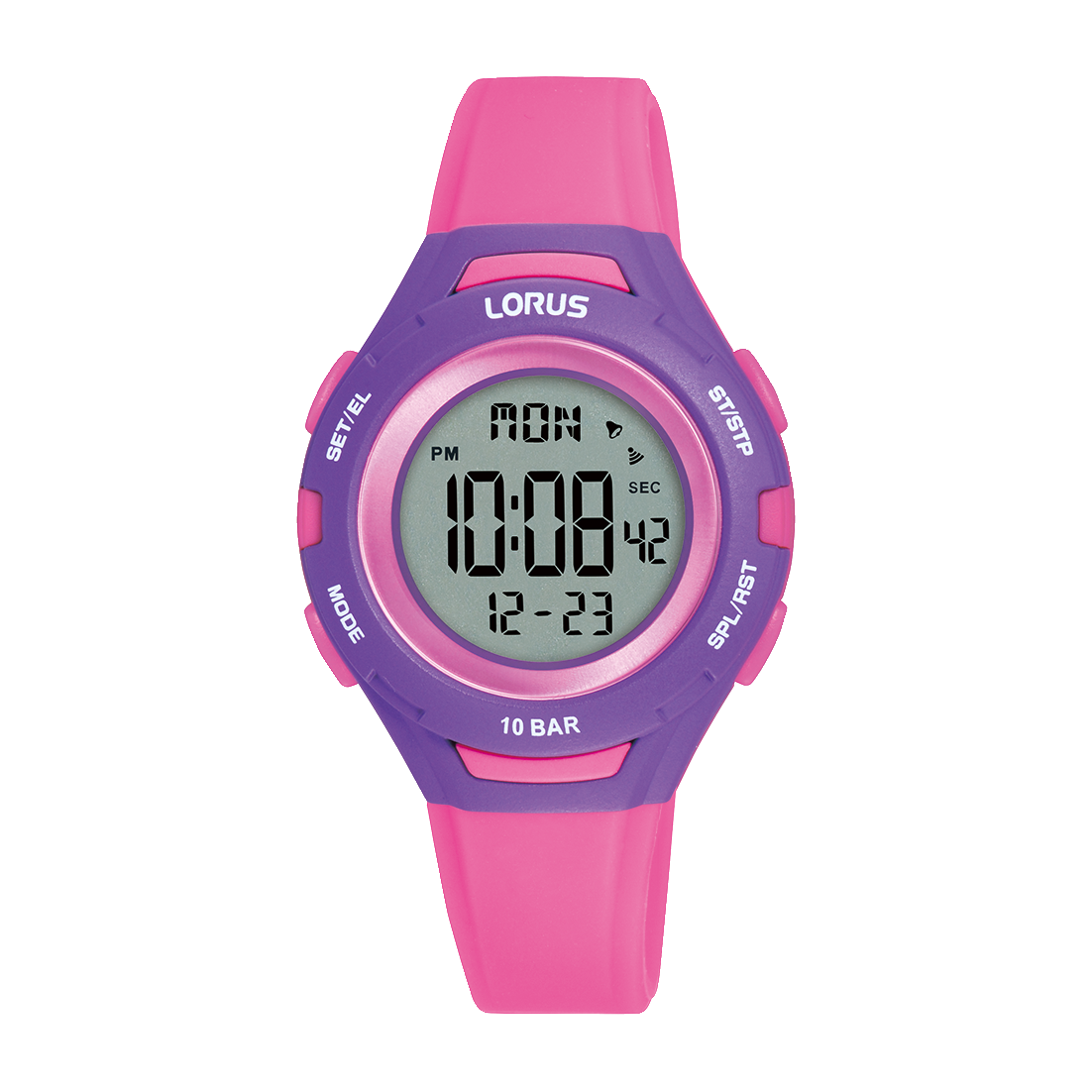 Lorus Kinderuhr mit Digitalanzeige, rosa Armband und violetter Lünette, 10 BAR