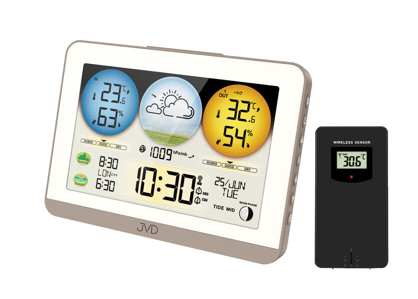 Station météo sans fil avec écran numérique lumineux et capteur extérieur, affiche les données météorologiques et l'heure.
